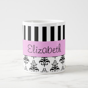 French Damask, Stripes, Black and White, Your Name Large Coffee Mug