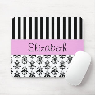French Damask, Stripes, Black and White, Your Name Mouse Mat