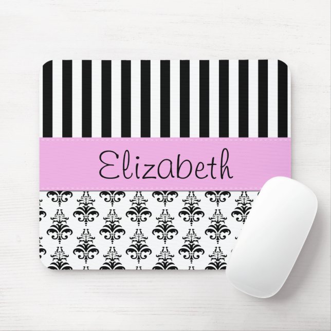 French Damask, Stripes, Black and White, Your Name Mouse Mat (With Mouse)