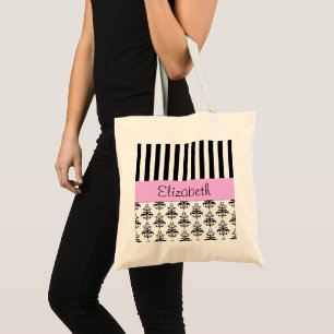 French Damask, Stripes, Black and White, Your Name Tote Bag