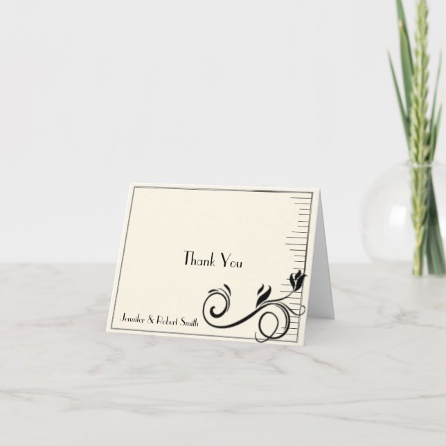 French Deco Rose Black Cream Wedding Thank You Card (Front)