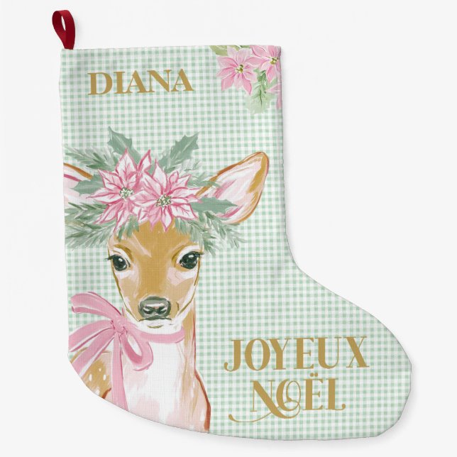 French Deer & Green Gingham Joyeux Noël Large Christmas Stocking (Front)