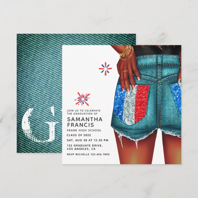 French Denim Girl Graduation Party Invitation (Front/Back)