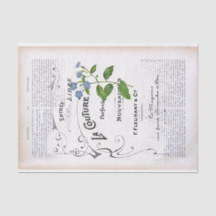 French Dictionary Page Text Blue Flower Decoupage  Tissue Paper