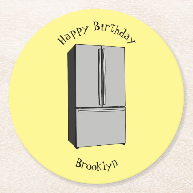 French door refrigerator cartoon illustration round paper coaster (Front)