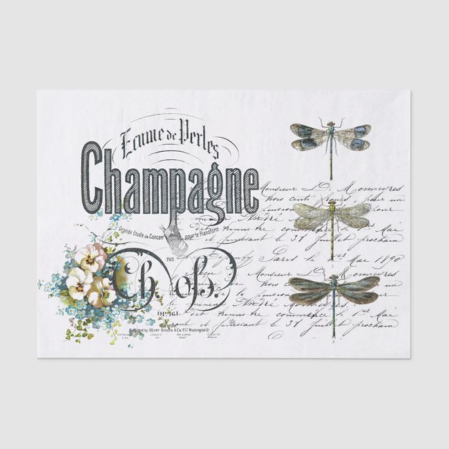 French Dragonfly Champagne Vintage Tissue Paper (Front)
