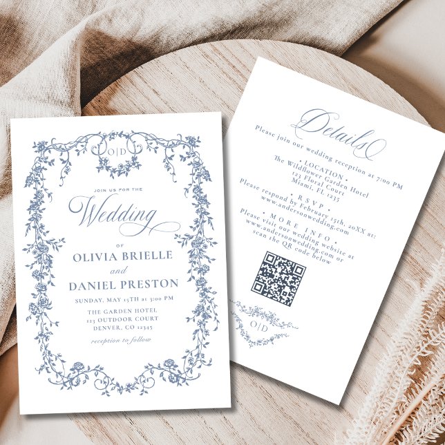 French Dusty Blue All In One QR Code Wedding Invitation (Creator Uploaded)