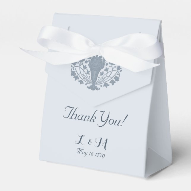 French Dusty Blue Rococo Wedding Thank You Favour Box (Front Side)