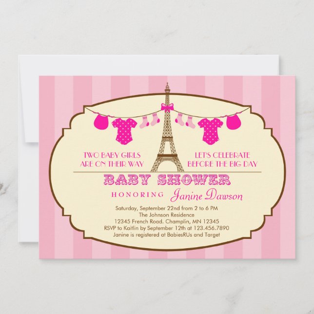 French Eiffel Tower Twin Baby Shower Invitation (Front)