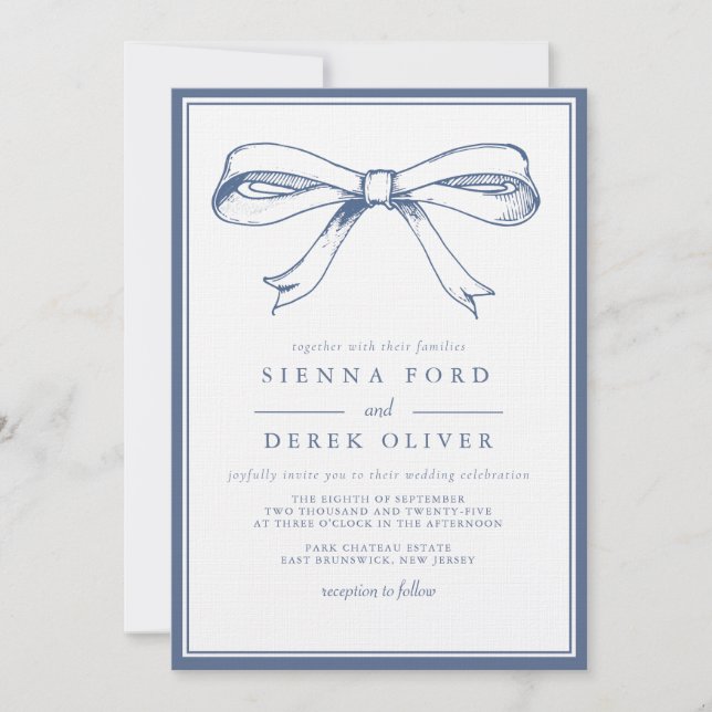 French Elegance Blue Bow Wedding Invitation (Front)
