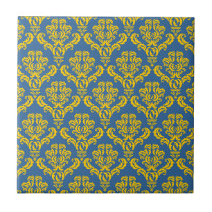 French Empire Damask in Yellow and Azure Blue Tile