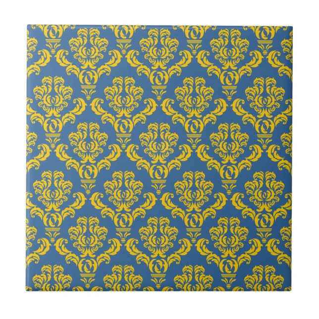 French Empire Damask in Yellow and Azure Blue Tile (Front)