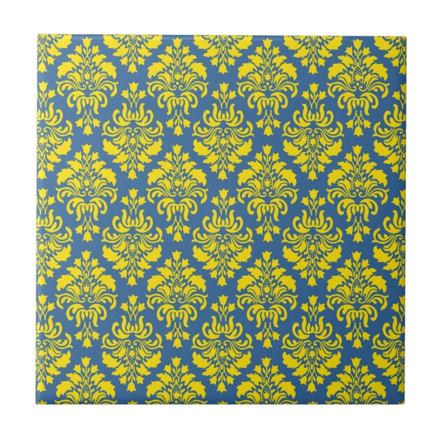 French Empire Damask in Yellow and Azure Blue Tile (Front)
