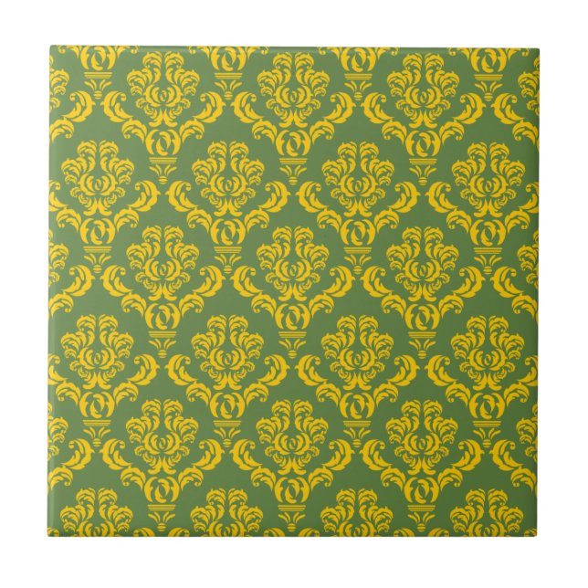 French Empire Damask in Yellow and Palm Green Tile (Front)