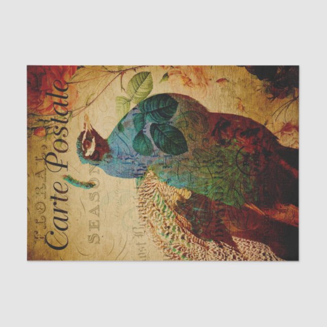 French Ephemera Blue Peacock Rose Floral Decoupage Tissue Paper (Front)