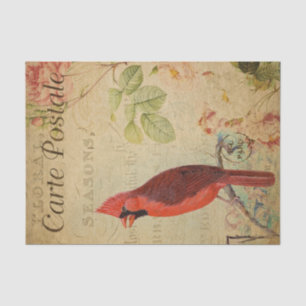 French Ephemera Cardinal Bird Pink Roses Decoupage Tissue Paper