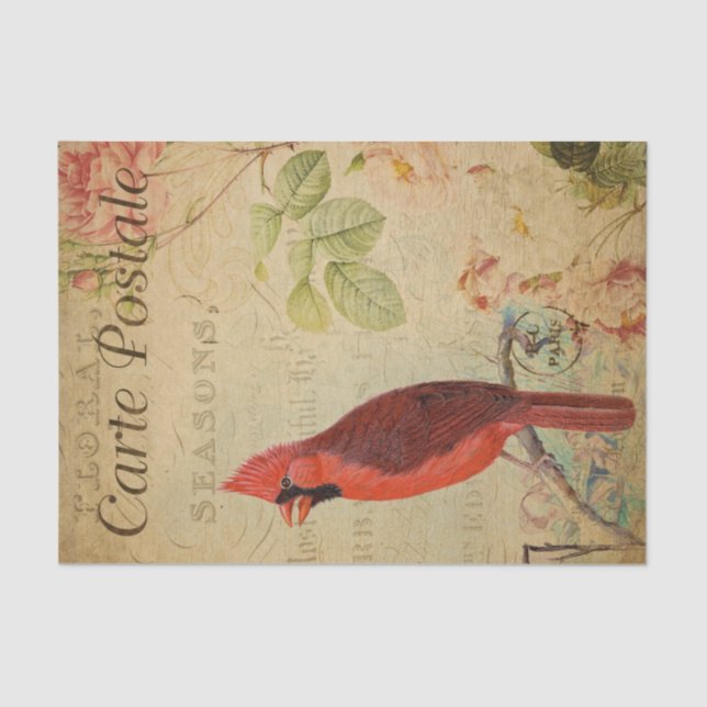 French Ephemera Cardinal Bird Pink Roses Decoupage Tissue Paper (Front)