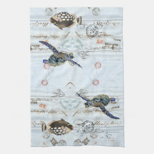 French Ephemera Fish Sea Turtle Kitchen Towel