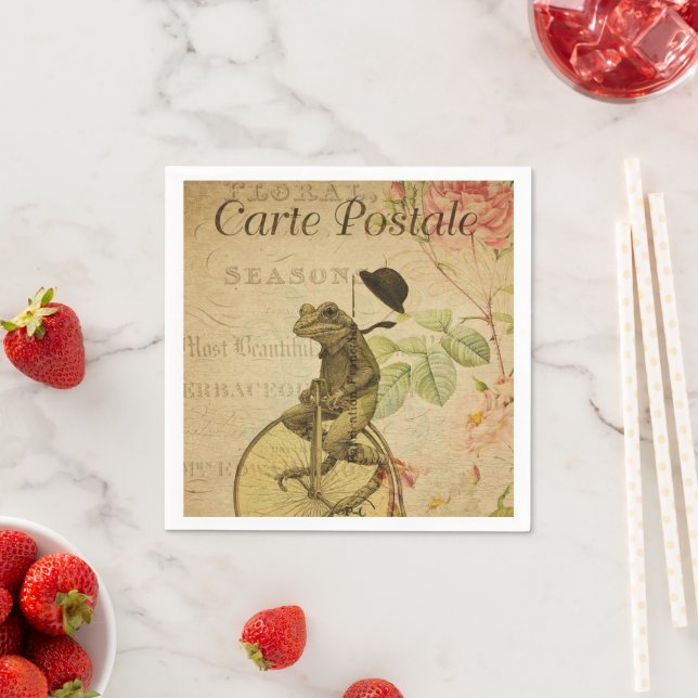 French Ephemera Frog Riding Bicycle Floral  Napkin (Insitu)
