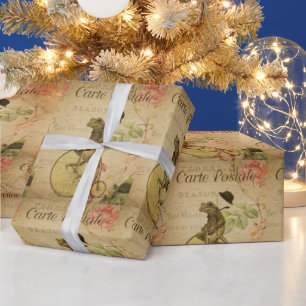 French Ephemera Frog Riding Bicycle Floral Wrapping Paper