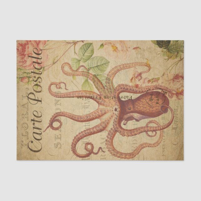 French Ephemera Octopus Squid Pink Roses Decoupage Tissue Paper (Front)