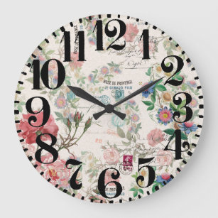 French Ephemera Rose Floral Big Number Wall Clock