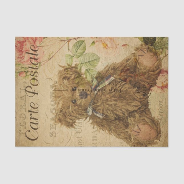 French Ephemera Teddy Bear Roses Floral Decoupage  Tissue Paper (Front)