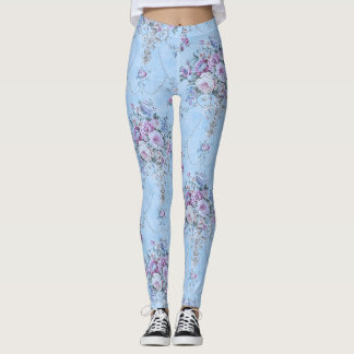 French European Blue White Victorian Style Floral  Leggings