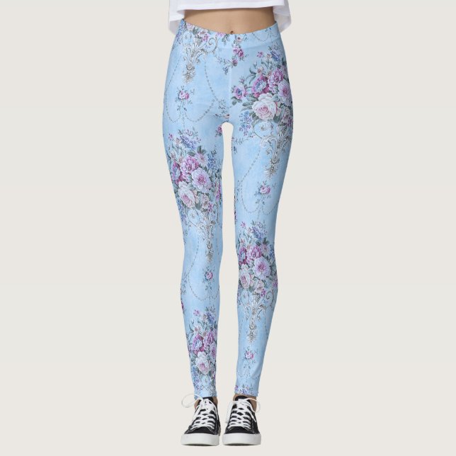 French European Blue White Victorian Style Floral  Leggings (Front)