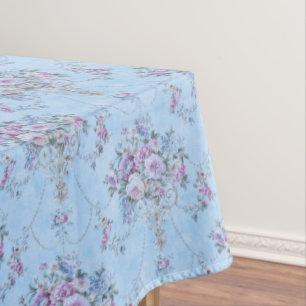 French European Blue White Victorian Style Floral  Tablecloth