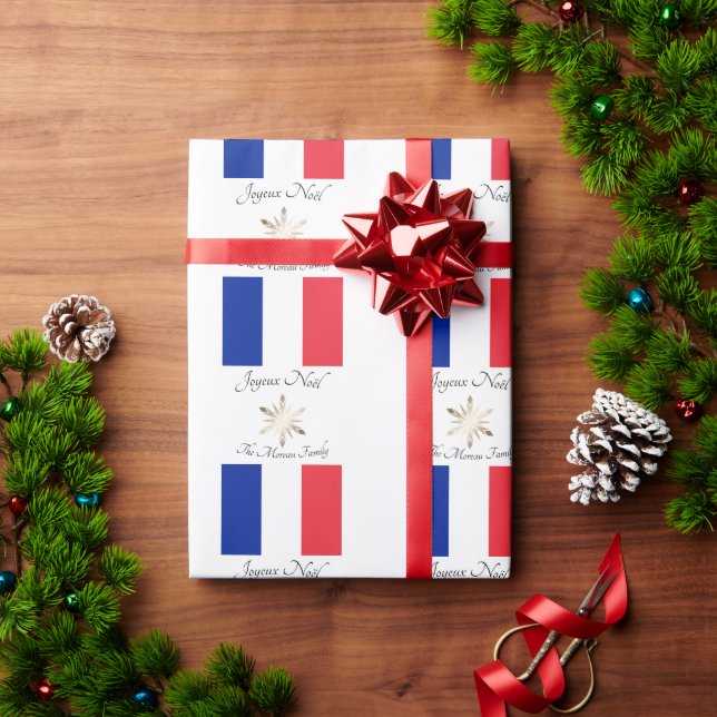 French Family Name Joyeux Noël Flag and Snowflake Wrapping Paper (Holiday Gift)