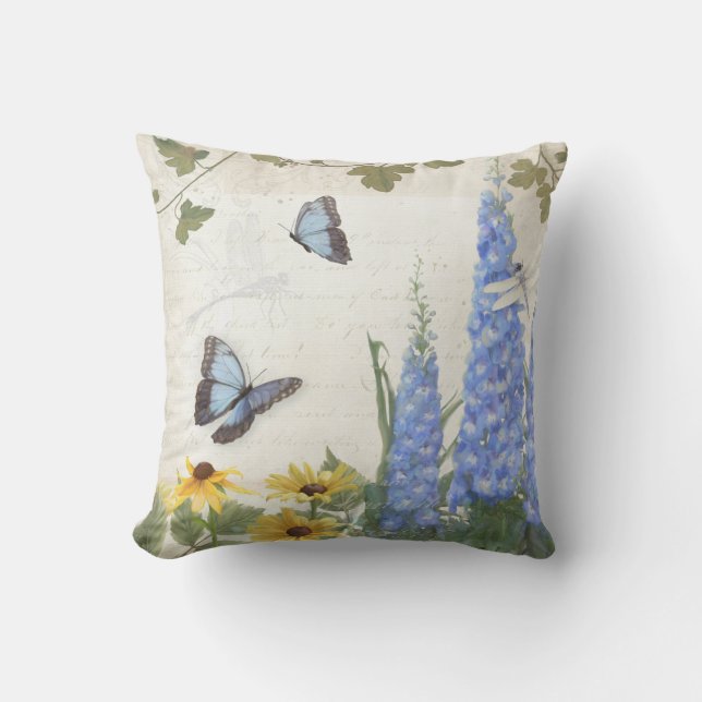 French Farm Vintage Delphinium Butterfly Script Cushion (Front)