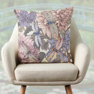 French Farmhouse Floral Lavender Pink Dragonflies Cushion