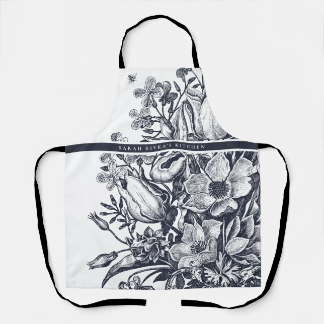 French Farmhouse Floral Navy & White Apron (Front)