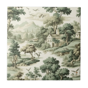French Farmhouse Green Toile Village Pattern Tile