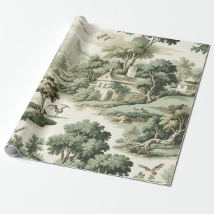 French Farmhouse Green Toile Village Pattern Wrapping Paper