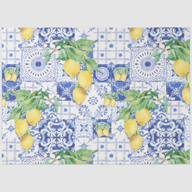 French Farmhouse Lemon Blue n White Tile Decoupage Tissue Paper (Front)