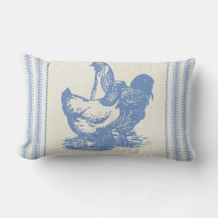 French Farmyard Chickens with Ticking Lumbar Cushion