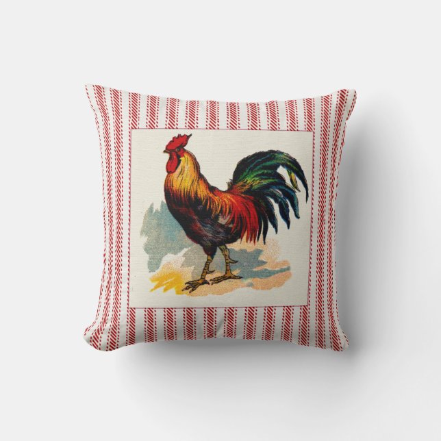 French Farmyard Rooster with Ticking Cushion (Front)