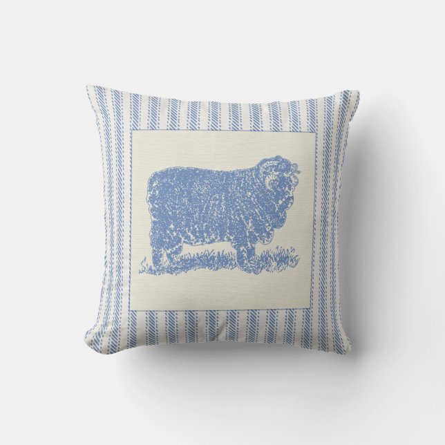 French Farmyard Sheep with Tickin Cushion (Front)