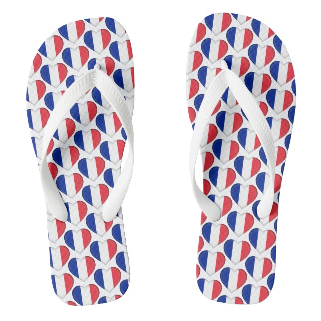 French Flag Colours Hearts Pattern Patriotic Flip Flops (Footbed)