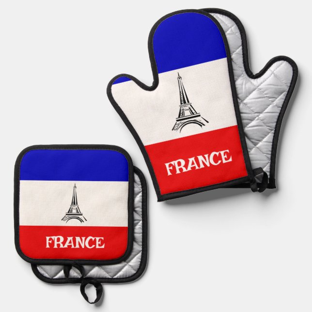 French Flag Eiffel Tower Design  Oven Mitt & Pot Holder Set (Front/Back)