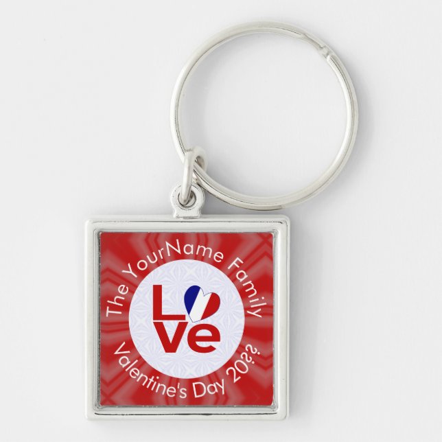 French Flag Heart LOVE Red Personalised Text Key Ring (Front)
