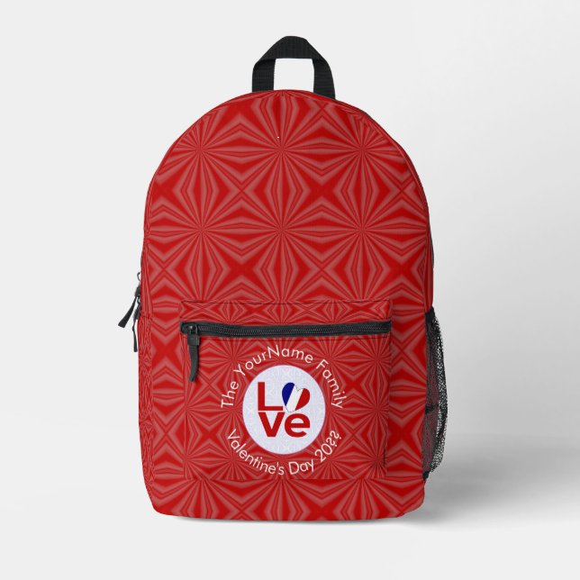 French Flag Heart LOVE Red Personalised Text Printed Backpack (Front)
