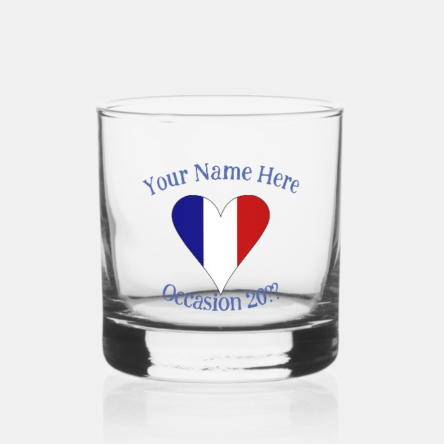 French Flag Heart Personalised  Whiskey Glass (Front)