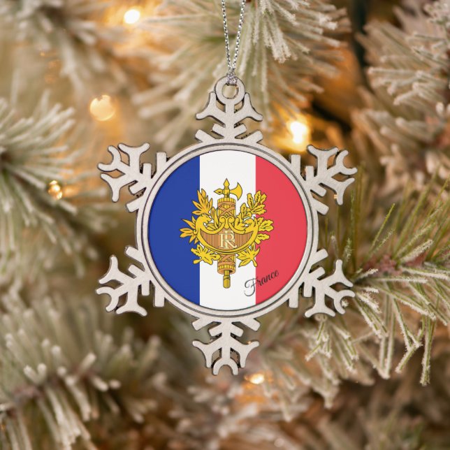French Flag ornament, emblem, patriotic France Snowflake Pewter Christmas Ornament (Tree)