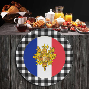 French Flag Plate, buffalo plaid, emblem, France Paper Plate