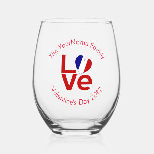 French Flag Red Letters LOVE Personalised Stemless Wine Glass