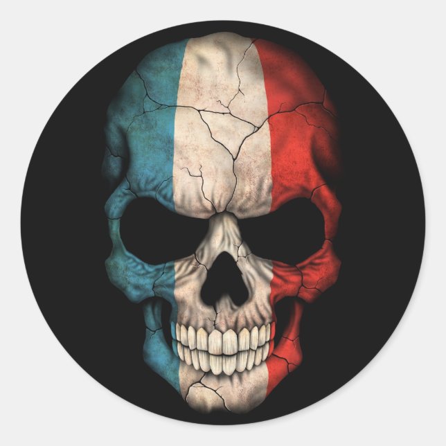 French Flag Skull on Black Classic Round Sticker (Front)