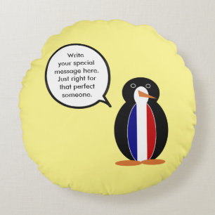 French Flag Talking Ms Penguin Personalised  Round Cushion